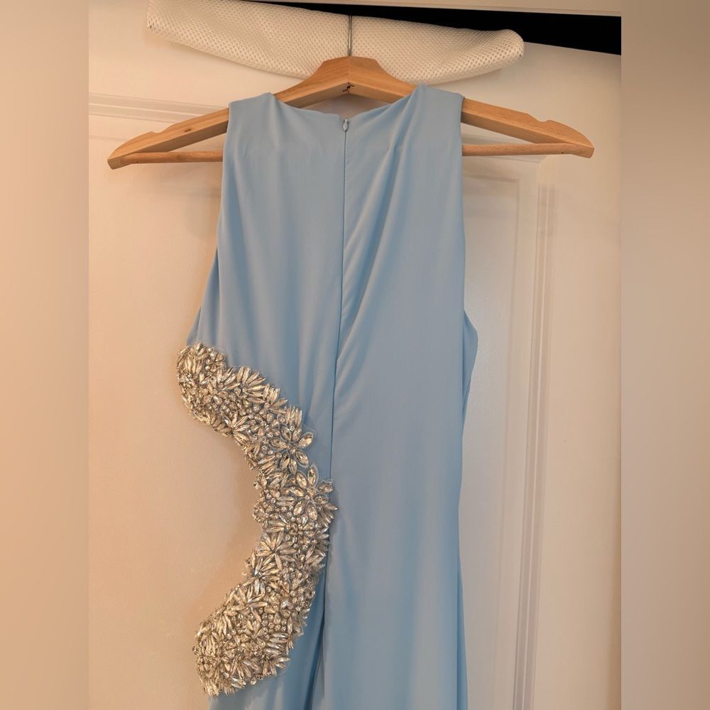 NWOT BRONX AND BANCO Camila Rhinestone Cutout Maxi Dress in powder blue - Picture 9 of 14